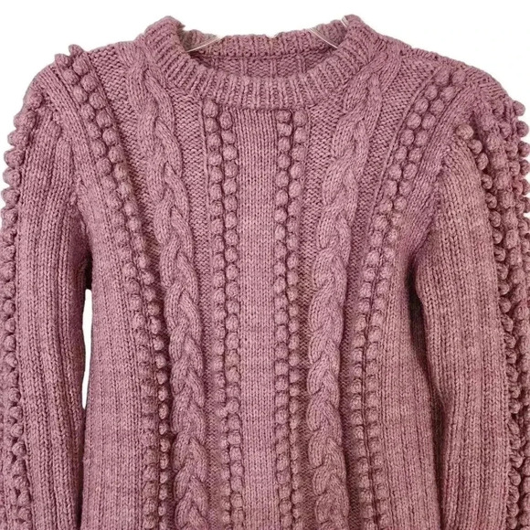 Handmade Wool Blend Sweater Women L Pink Pom Knit Cable Pullover Cottagecore - Picture 2 of 7